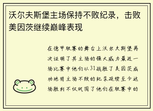 沃尔夫斯堡主场保持不败纪录，击败美因茨继续巅峰表现